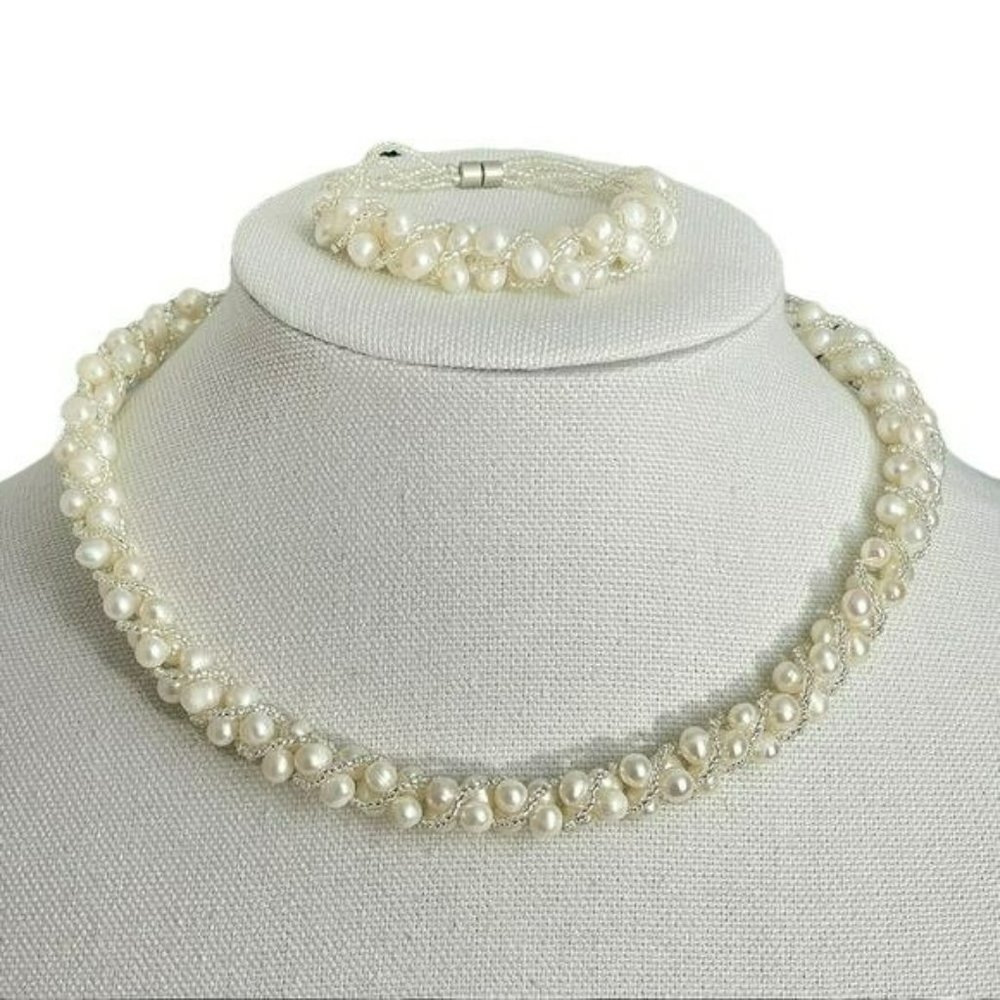 White Freshwater Pearls‎ With Crystals Woven Thread Necklace Set Magnetic Clasp